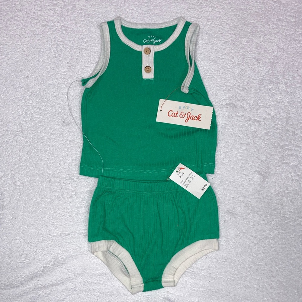 NWT cat & jack green ribbed 2 pc summer outfit 0/3m unisex gender neutral